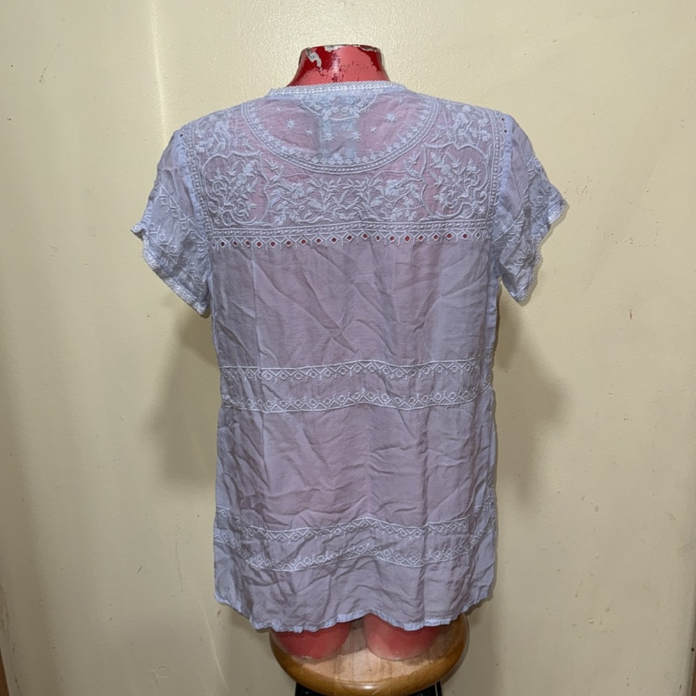 Johnny Was embroidered pale blue top semi sheer size medium. Beautiful! - Picture 3 of 5